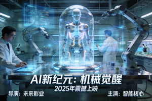 科幻大片海报 - 未来科技实验室中人工智能机器人的研发场景