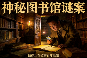 悬疑剧情海报 - 古老图书馆内侦探调查神秘案件的紧张氛围